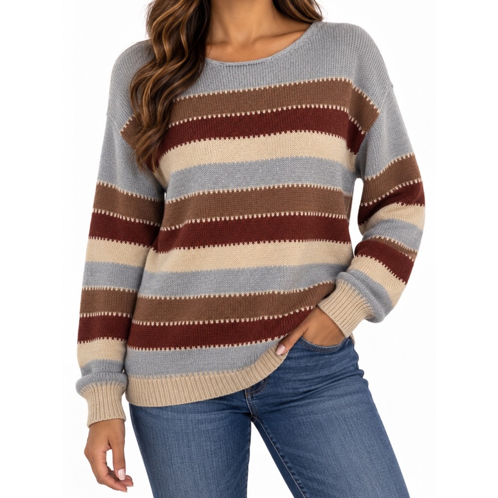 Emery Rose Womens Striped Knit Sweater Brown Blue Tan Crew Neck Size L NEW